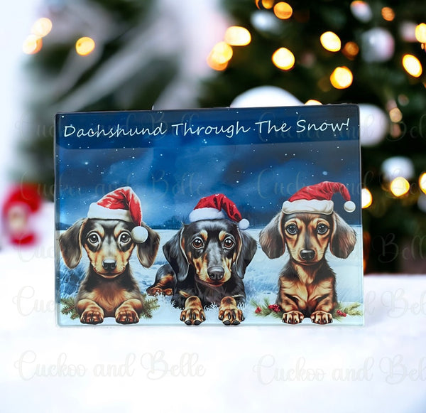 Daschund through the snow glass chopping board