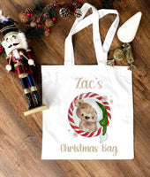 Elf bear candy cane wreath tote bag